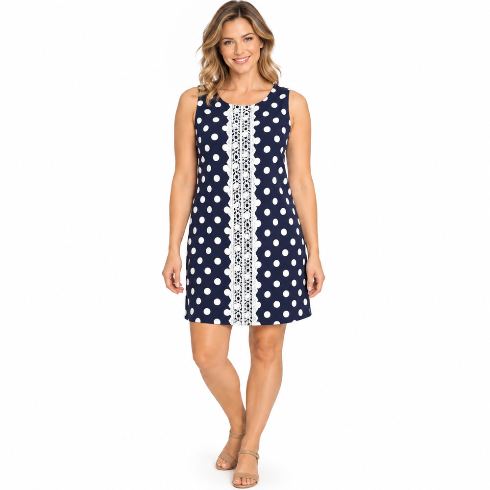 Madison Leigh Womens Navy White Polka Dot Crochet Sleeveless Sheath Dress sz 8
